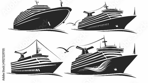 Black and white illustrations of cruise ships at sea with stylized waves and flying birds