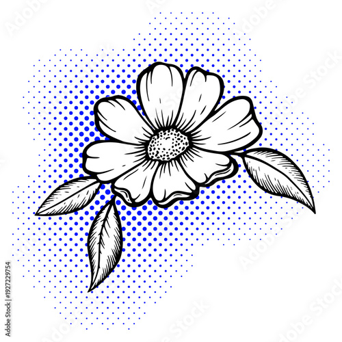 Black and white hand-drawn flower illustration with leaves on blue halftone background. Retro pop art style botanical design, comic-inspired floral element for posters, prints and branding.