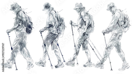 Four sketches depicting individuals hiking with walking poles and backpacks, monochrome illustration style