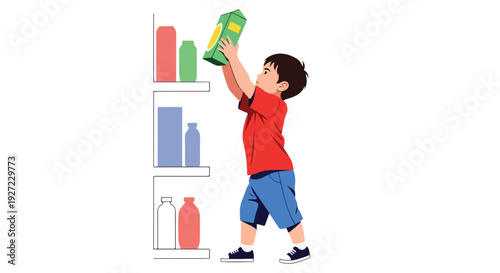 Illustration of a young boy reaching for a product on a shelf stocked with various household items.