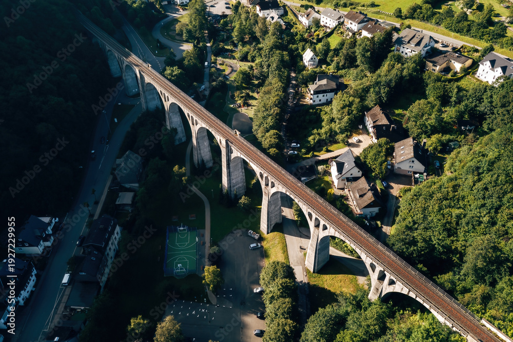 Fototapeta premium Breathtaking Drone View of a Railway Bridge from Directly Above, Symmetrical Infrastructure Crossing a Landscape in Natural Daylight