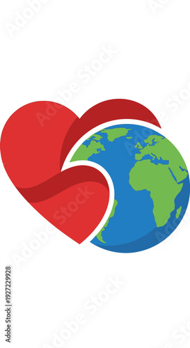 Red heart embracing a stylized globe with continents.