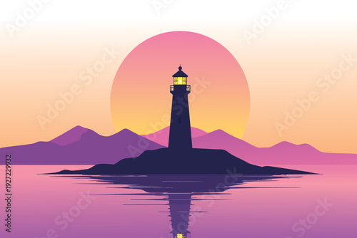 Lighthouse glowing at sunset on a coastal beach with ocean waves and sky silhouette