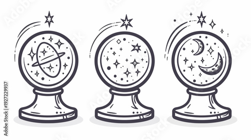 Three stylized, round crystal balls, each depicting a different cosmic scene planets, stars, moons