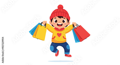 Cartoon child in colorful outfit holding shopping bags on white background with joyful expression.