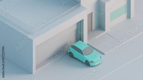 Modern minimal isometric 3D illustration of house with garage and car. Real estate, home insurance and property concept in soft pastel tones.
