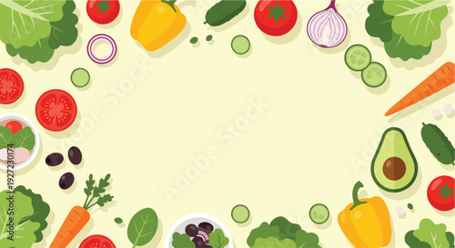 Various fresh vegetables and salad components like lettuce, tomatoes, and bell peppers form a colorful frame around a light yellow background.