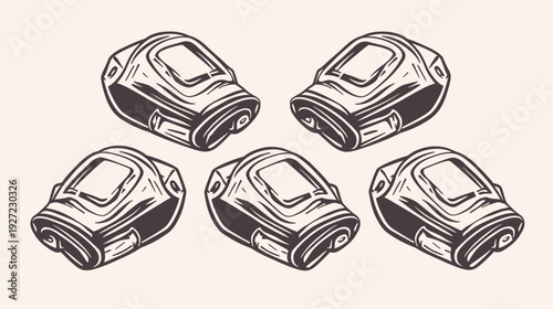 Stylized illustration of five gas mask-like objects arranged against a plain beige background