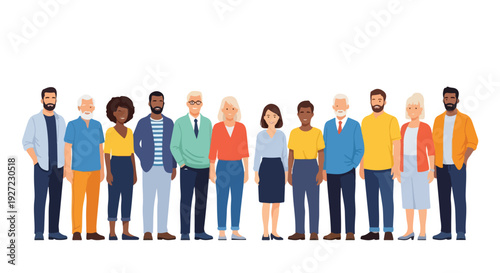 Illustration of a diverse group of people standing together in a line with a plain white background.