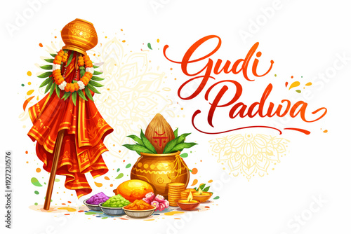 Gudi Padwa Traditional Gudi Vector Illustration with Bold Typography