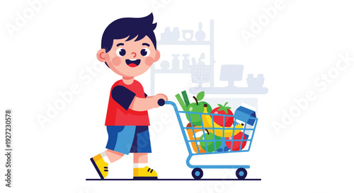 A cheerful cartoon boy pushing a shopping cart filled with colorful groceries against a clean white background with a playful mood.