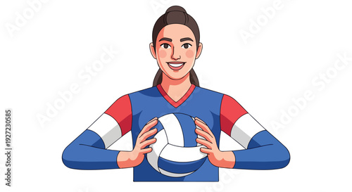 Illustration of a smiling woman wearing a blue jersey with red and white sleeves holding a volleyball on a plain white background.