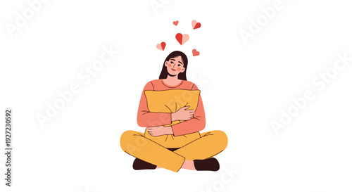 Illustration of a smiling woman sitting cross-legged holding a gift box with hearts floating above her head in a playful and romantic scene.