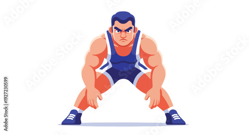 Full-body illustration of a muscular man in a blue wrestling singlet crouching in a ready stance against a clean white background.