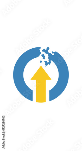 Blue circle with yellow arrow pointing up breaking apart