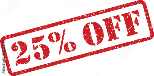 A bold red rubber stamp with 25% OFF clearly displayed against a stark white backdrop for promotions