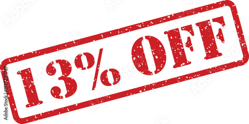 A bold red grungy 13 percent off stamp signifies significant savings on products and services