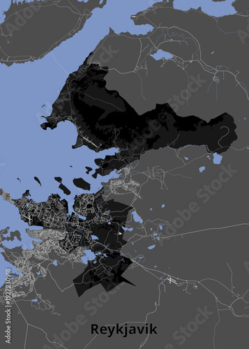 This is a map of Reykjavik, Iceland, featuring a dark, shaded area representing a specific region within the city. The map displays water bodies in a light blue color and landmasses in dark gray.