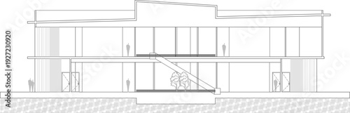 Modern architectural building sections with interior stairs and trees, two-story commercial elevations, glass facades, and technical site surveys.