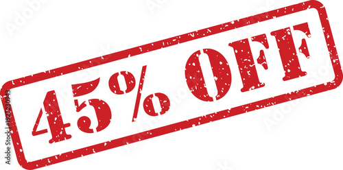 A bold red textured rubber stamp clearly displays the message 45% OFF on a bright white background