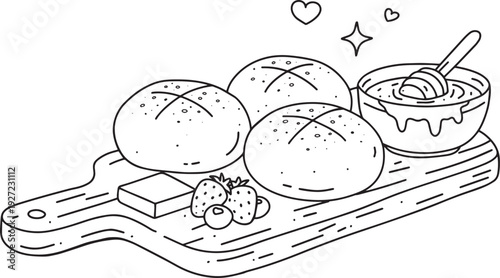 fresh bread rolls with honey and berries coloring page baked goods illustration black and white