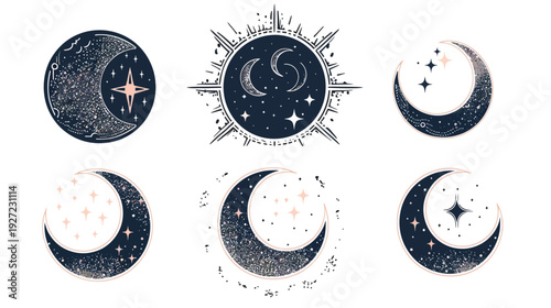 Collection of celestial illustrations moons, stars, and sun with cosmic textures