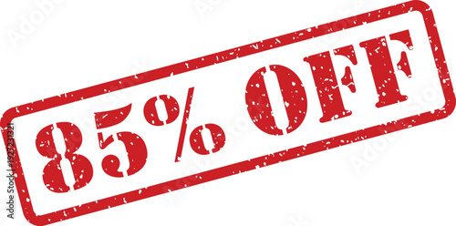 A clear red rectangular rubber stamp displays an eighty five percent off message