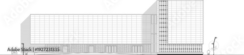 Modern minimalist office building elevations, glass curtain wall facades, corporate high-rise designs, hexagonal floor plans, and technical site maps.