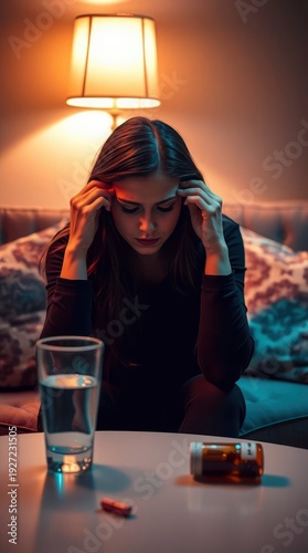 A pensive young woman sits alone in a dimly lit, intimate setting, holding her head with a look of deep concern or distress. The warm glow of a lamp illuminates the scene, enhancing the somber and ref