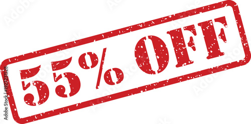 A prominent red grunge rubber stamp displays a significant 55% OFF discount message on a clean white background