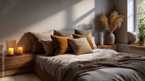 Cozy Modern Bedroom with Warm Lighting and Earthy Tones