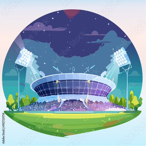 Illustration of Modern Stadium with Crowd.