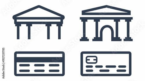Simplified, dark blue vector icons representing banking institutions, credit cards, and related services