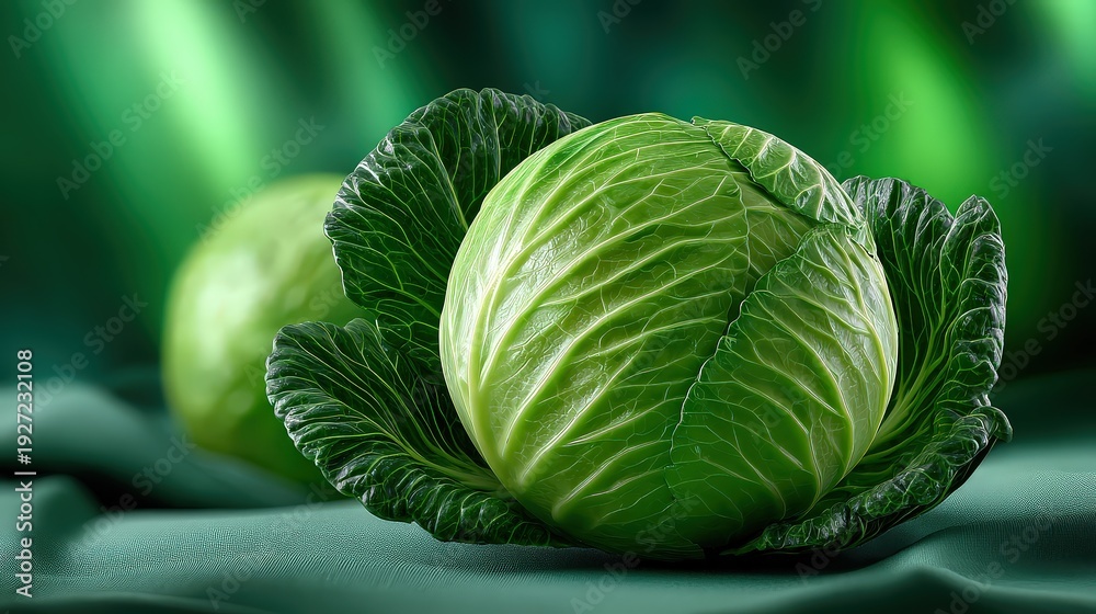 Fototapeta premium Fresh Green Cabbage Head on Green Fabric