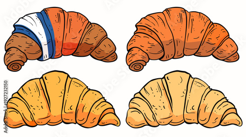Four stylized illustrations of croissants, one with a French flag overlay