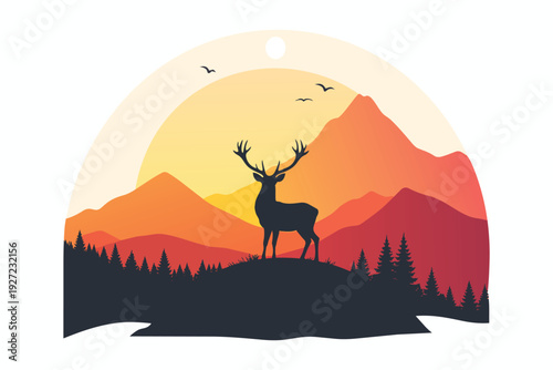 Silhouette of a deer in a forest at sunset with trees and wild nature landscape illustration