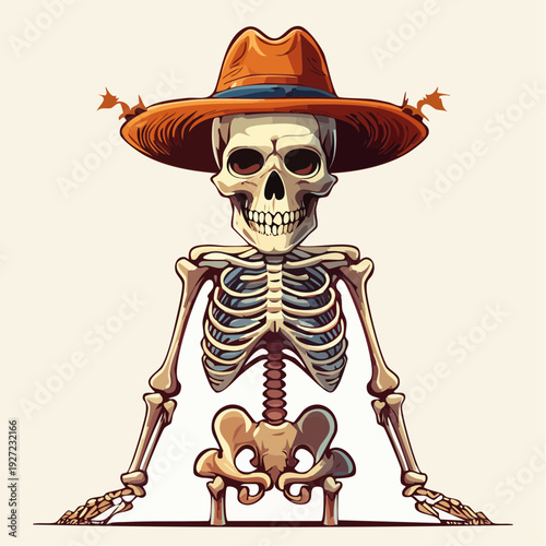 Skeleton wearing cowboy hat and holding chains.