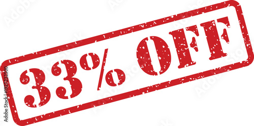 A vibrant red grunge rubber stamp prominently displays 33% OFF text, signaling a discount opportunity