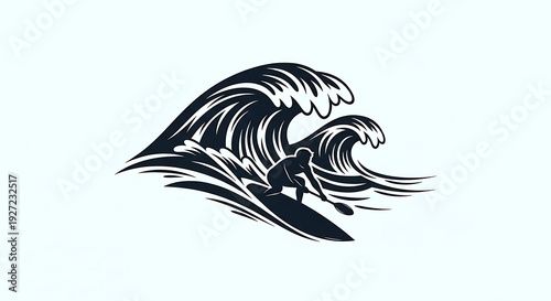 Surfer Riding Wave Black Silhouette Illustration.