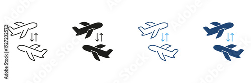 Airplane Transfer Process with Two Aircraft and Arrows Showing Direction Between Flights, Travel and Aviation Transportation Line and Solid Icon Set. Isolated Vector Illustration