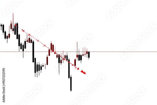 Financial chart illustrating market decline, featuring candlestick patterns and a downward arrow, symbolizing economic downturn.