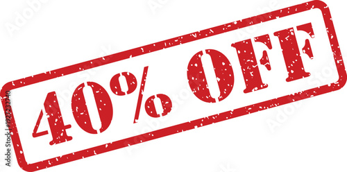 A vibrant red grunge rubber stamp prominently displays 40% OFF text, signaling a discount opportunity