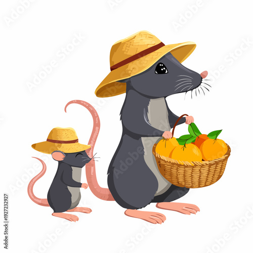 Two cartoon rats wearing hats holding basket.