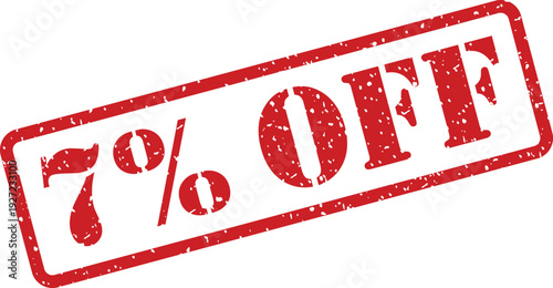 A vibrant red rubber stamp with distressed texture showing a clear 7% OFF message on white