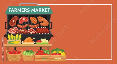 A vibrant Farmers Market vector shows a barbecue grill cooking various meats, accompanied by a stall displaying fresh corn and assorted vegetables.
