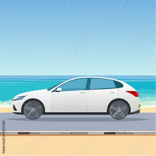 White Car on Road by Ocean.