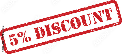 A vibrant red rubber stamp prominently features the message 5% DISCOUNT on a bright white surface