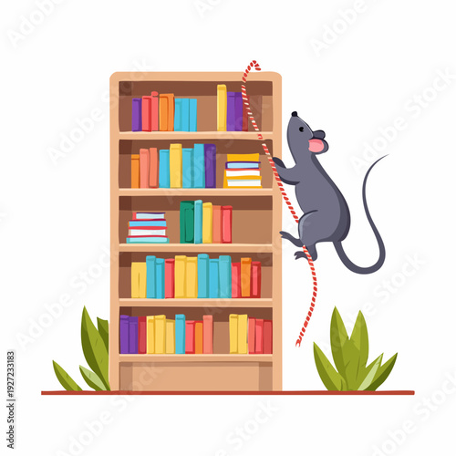 Gray Mouse Climbing Bookshelf with Books.