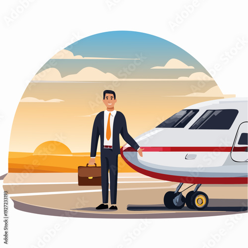 Businessman Standing Beside Private Jet on Tarmac.