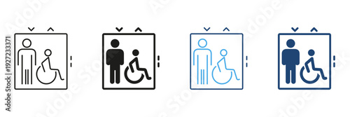 Elevator Accessibility Icon Set For Disabled And Non-Disabled Individuals. Inclusive Design And Universal Access Outline And Silhouette Symbol Collection. Isolated Vector Illustration